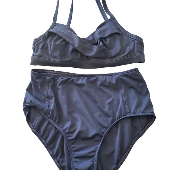 Athlete High Waisted Bikini Knot Scoop Neck Swimsuit Two Pieces Small Navy Blue - Picture 11 of 13